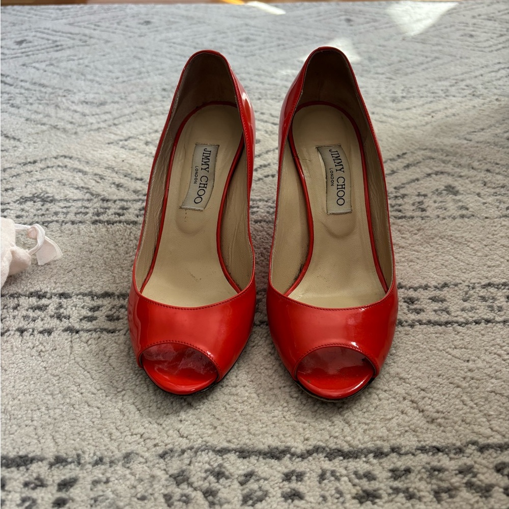 Jimmy Choo Vibrant Red Peep Toe Heels